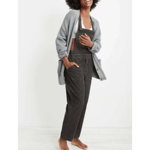 Aerie Gray stonewashed Overalls raw hem XL - Picture 1 of 6